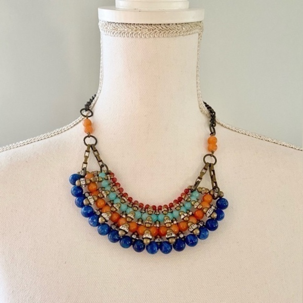 Anthropologie Pam Hiram Empress Fan Moonstone Agate Acrylic Brass Necklace